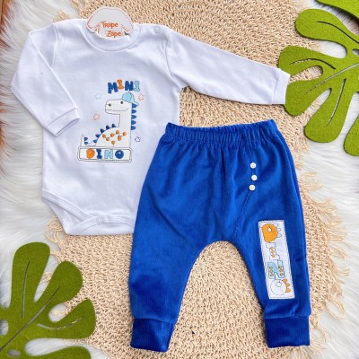 Conj. Body Manga Longa e Calça Saruel em Plush Dino - Off White e Azul Royal